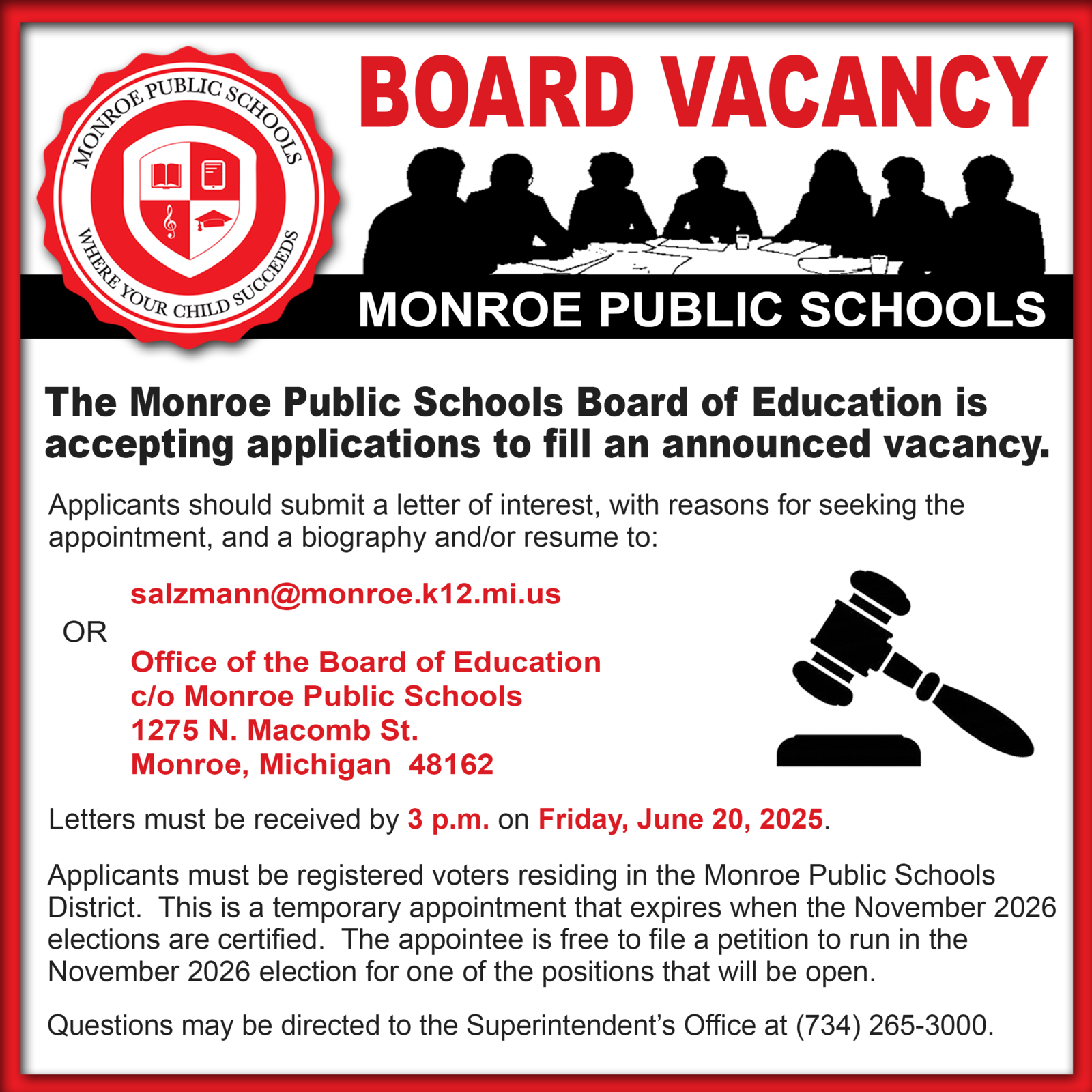 Board Vacancy - Apply by 3 PM on June 20, 2025